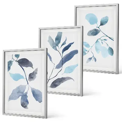 Gerahmtes Bilderset Aquarell mit blauen Blättern