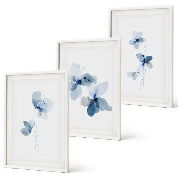 Blaue Blumen Bilder-3er-Set mit Rahmen