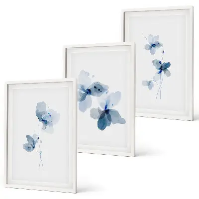 Blaue Blumen Bilder-3er-Set mit Rahmen