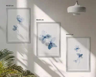 Blaue Blumen Bilder-3er-Set mit Rahmen