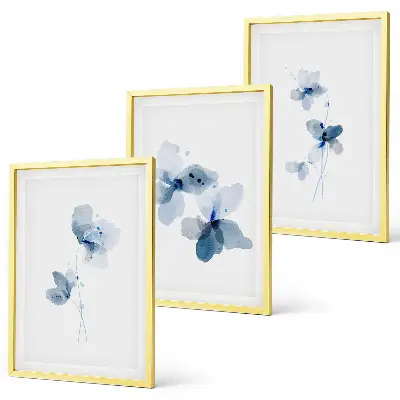 Blaue Blumen Bilder-3er-Set mit Rahmen