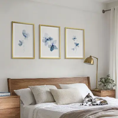 Blaue Blumen Bilder-3er-Set mit Rahmen