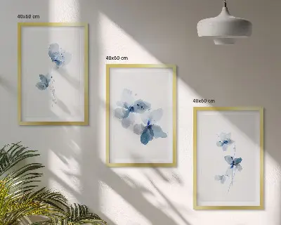Blaue Blumen Bilder-3er-Set mit Rahmen