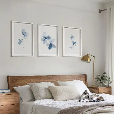 Blaue Blumen Bilder-3er-Set mit Rahmen