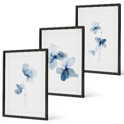 Blaue Blumen Bilder-3er-Set mit Rahmen