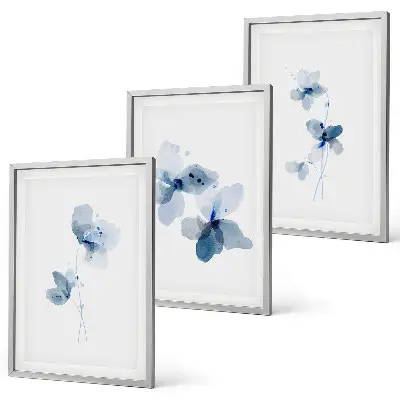 Blaue Blumen Bilder-3er-Set mit Rahmen