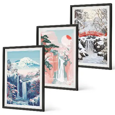 Berglandschaften und Wasserfälle Bilder-3er-Set inklusive Rahmen