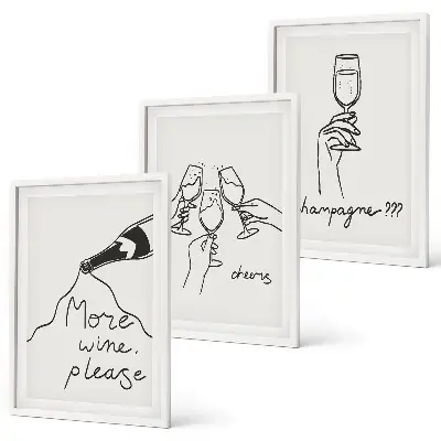 Gerahmtes Bilderset mit Champagner-Wein-Linienzeichnung