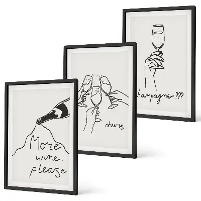 Gerahmtes Bilderset mit Champagner-Wein-Linienzeichnung