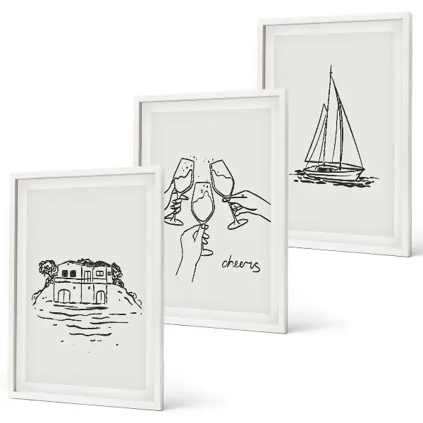 Haus am Wasser und Segelboot 3er-Set Wandbilder mit Rahmen