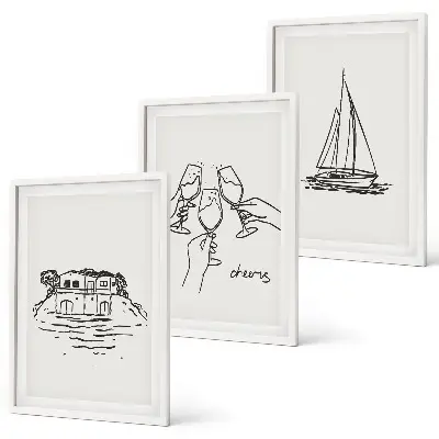 Haus am Wasser und Segelboot 3er-Set Wandbilder mit Rahmen