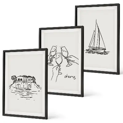 Haus am Wasser und Segelboot 3er-Set Wandbilder mit Rahmen
