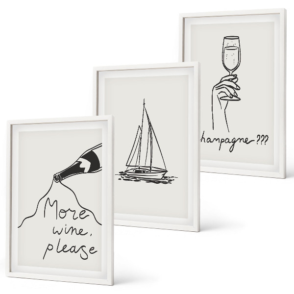 Gerahmtes bilderset Weinsegelboot-Glas-Linienzeichnung