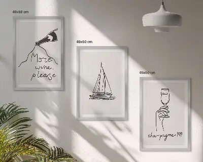 Bilderset mit Segelboot als Glas-Linienzeichnung gerahmt