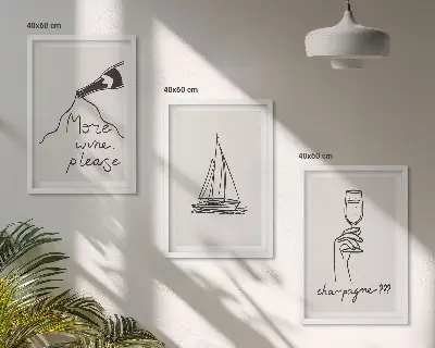 Bilderset mit Segelboot als Glas-Linienzeichnung gerahmt