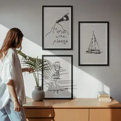 Bilderset mit Segelboot als Glas-Linienzeichnung gerahmt