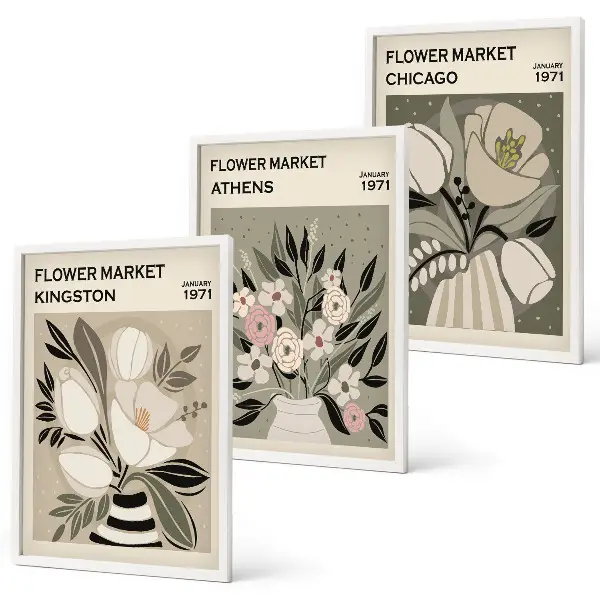 Retro Blumenarrangements 3er Set mit Rahmen