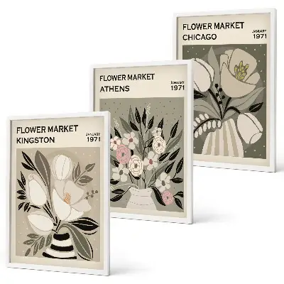Retro Blumenarrangements 3er Set mit Rahmen