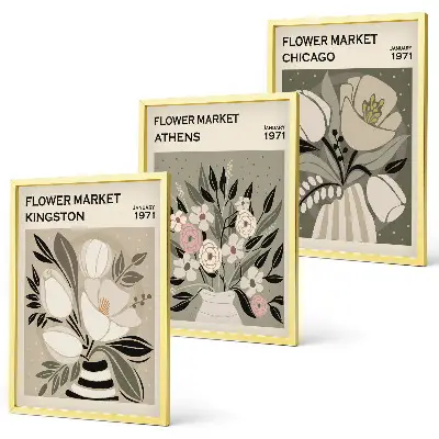 Retro Blumenarrangements 3er Set mit Rahmen