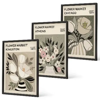 Retro Blumenarrangements 3er Set mit Rahmen