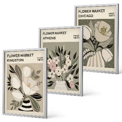 Retro Blumenarrangements 3er Set mit Rahmen