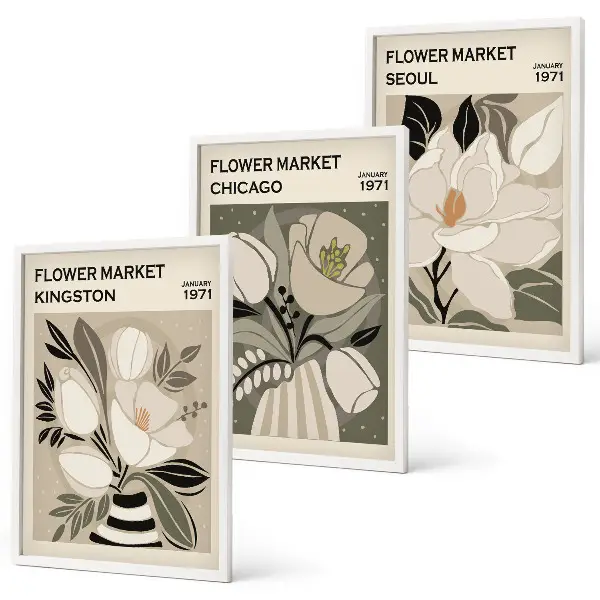 Blumen Kingston Seoul Chicago Retro Bilder 3er-Set mit Rahmen 3er-Set mit Rahmen im Retro-Stil