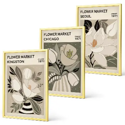Blumen Kingston Seoul Chicago Retro Bilder 3er-Set mit Rahmen 3er-Set mit Rahmen im Retro-Stil