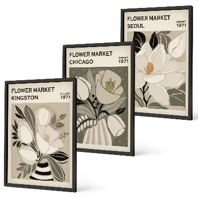 Blumen Kingston Seoul Chicago Retro Bilder 3er-Set mit Rahmen 3er-Set mit Rahmen im Retro-Stil