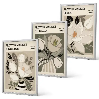 Blumen Kingston Seoul Chicago Retro Bilder 3er-Set mit Rahmen 3er-Set mit Rahmen im Retro-Stil