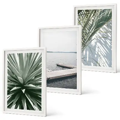 Gerahmtes Bilderset mit Palmenblättern und Holzbrücke