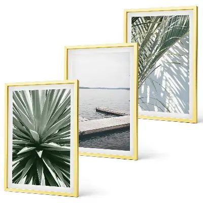 Gerahmtes Bilderset mit Palmenblättern und Holzbrücke