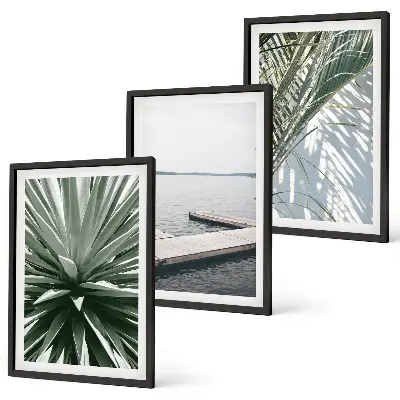 Gerahmtes Bilderset mit Palmenblättern und Holzbrücke