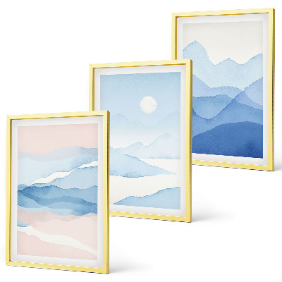 Gerahmtes bilderset Aquarell: Blau-rosa Berge