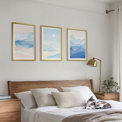 Gerahmtes bilderset Aquarell: Blau-rosa Berge