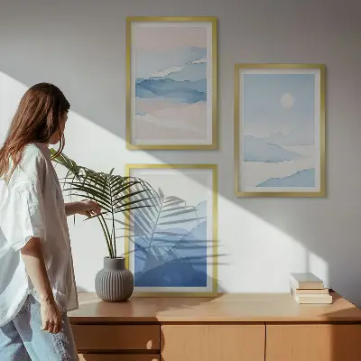 Gerahmtes Bilderset Aquarell mit blau-rosa Bergen