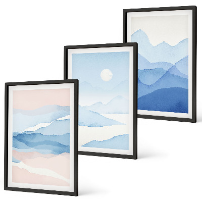 Gerahmtes bilderset Aquarell: Blau-rosa Berge