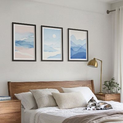 Gerahmtes bilderset Aquarell: Blau-rosa Berge