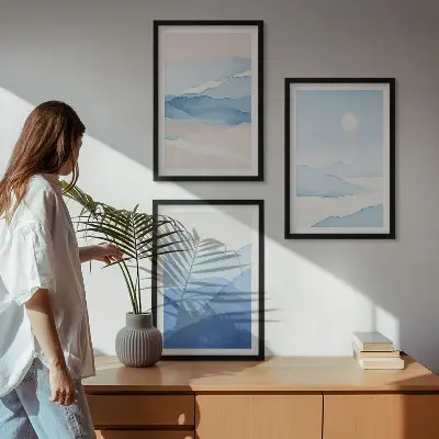 Gerahmtes Bilderset Aquarell mit blau-rosa Bergen