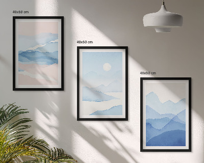 Gerahmtes bilderset Aquarell: Blau-rosa Berge