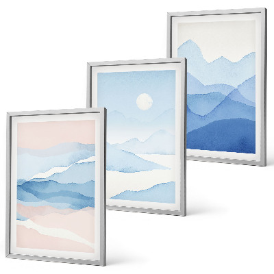 Gerahmtes bilderset Aquarell: Blau-rosa Berge