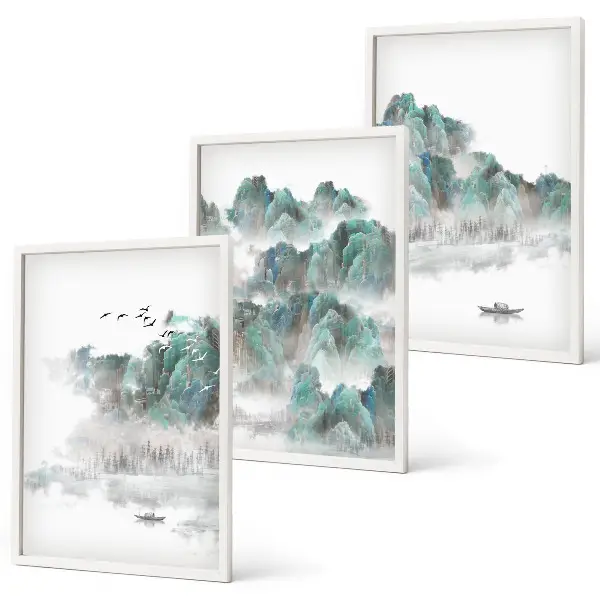 Bilder 3er-Set mit Rahmen Motiv Berge, Wolken, Vögel und Boot im Japandi Stil