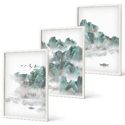 Bilder 3er-Set mit Rahmen Motiv Berge, Wolken, Vögel und Boot im Japandi Stil