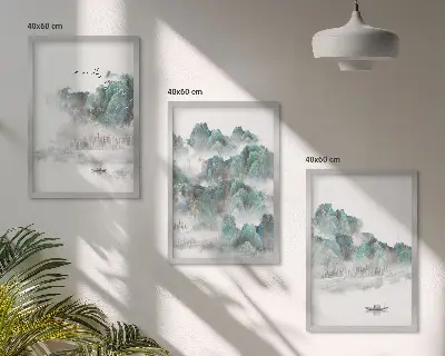 Bilder 3er-Set mit Rahmen Motiv Berge, Wolken, Vögel und Boot im Japandi Stil