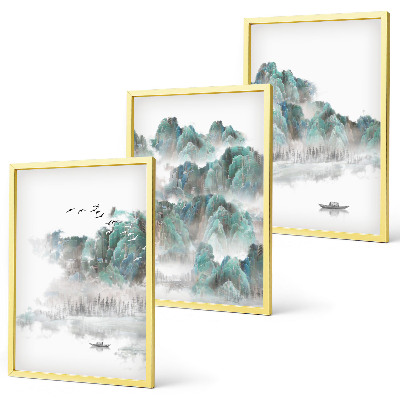 Bilder-3er-set mit rahmen Berge, Wolken, Vögel, Boot, Japandi