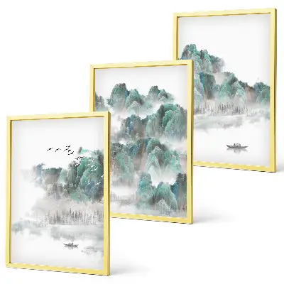 Bilder 3er-Set mit Rahmen Motiv Berge, Wolken, Vögel und Boot im Japandi Stil