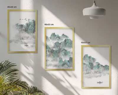 Bilder 3er-Set mit Rahmen Motiv Berge, Wolken, Vögel und Boot im Japandi Stil