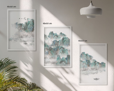 Bilder-3er-set mit rahmen Berge, Wolken, Vögel, Boot, Japandi