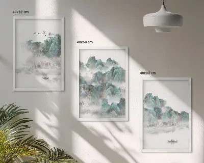 Bilder 3er-Set mit Rahmen Motiv Berge, Wolken, Vögel und Boot im Japandi Stil