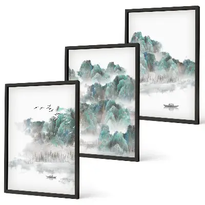 Bilder 3er-Set mit Rahmen Motiv Berge, Wolken, Vögel und Boot im Japandi Stil