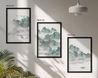 Bilder 3er-Set mit Rahmen Motiv Berge, Wolken, Vögel und Boot im Japandi Stil